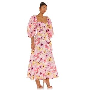 Revolve Sundress size M Emilia maxi dress 100% linen pink floral puff sleeve